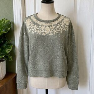 Lucky Brand Embroidered Sweatshirt Green Terry Knit Boho Floral Yoke Medium